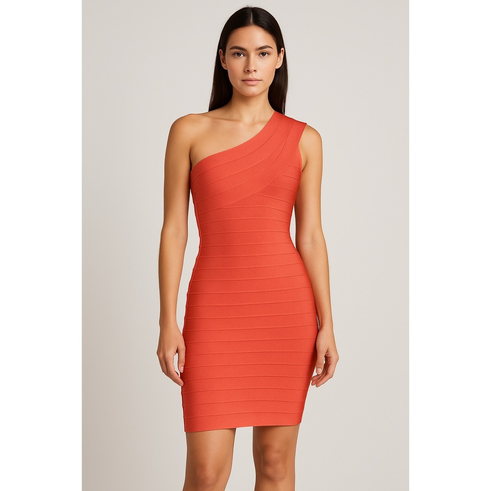 Herve Leger Coral One Shoulder Bandage Dress Bodycon‎ Cocktail Party Size M